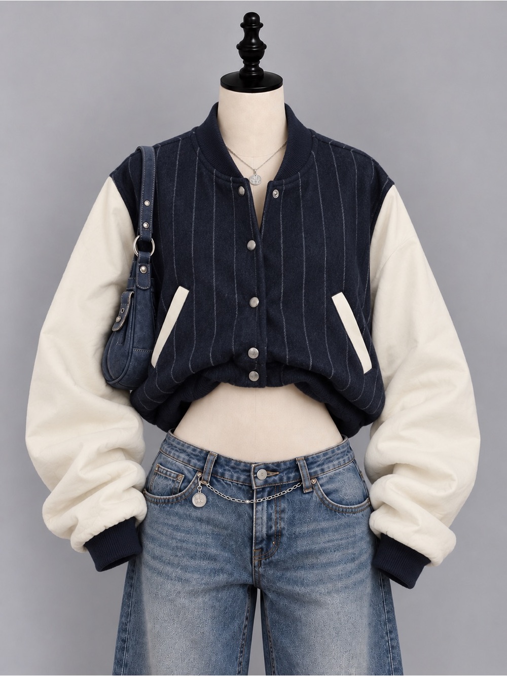 Steve Madden Pinstripe Varsity/Bomber Jacket (Style # DO32502H)